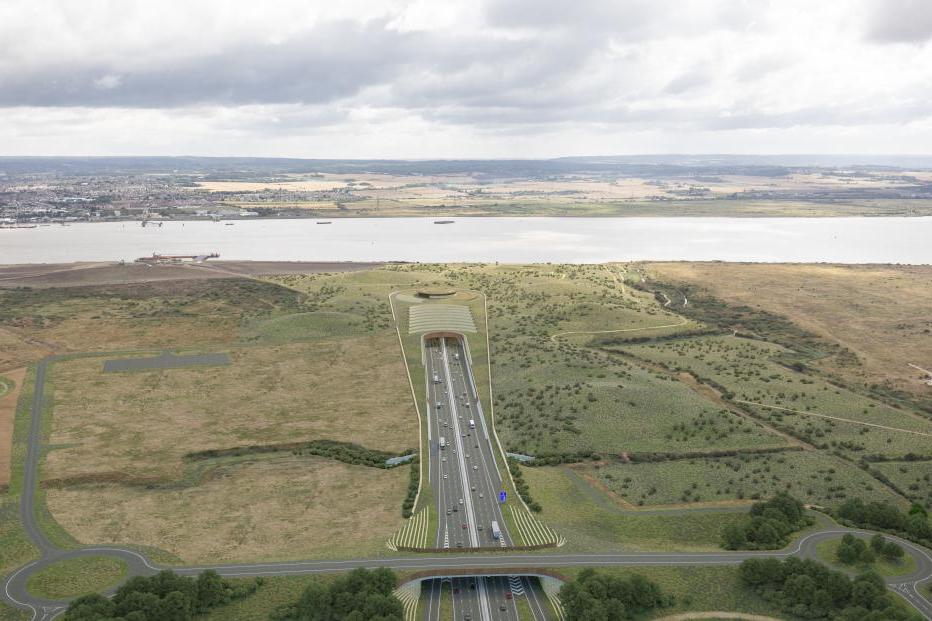 Visualization of Lower Thames Crossing aerial view toward River Thames